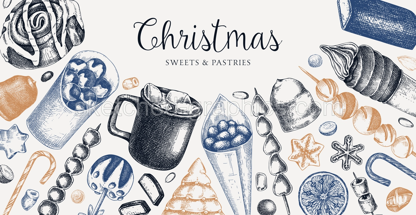 Christmas food background. Christmas market design template. Hand-drawn vector illustration. Hot drinks, candies, cookies, pastries sketches. Winter holiday menu. Sweet food vintage banner Illustration